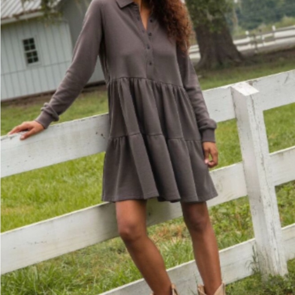 Natural Life Sylvan Sweatshirt Dress Tiered Button Down Long Sleeve Charcoal XL